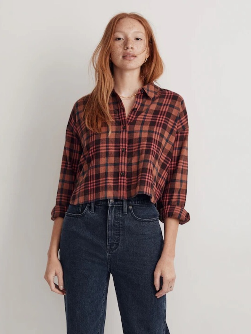 Madewell Flannel Long-Sleeve Crop Shirt in Plaid | Ground Clove | Medium - Picture 2 of 10